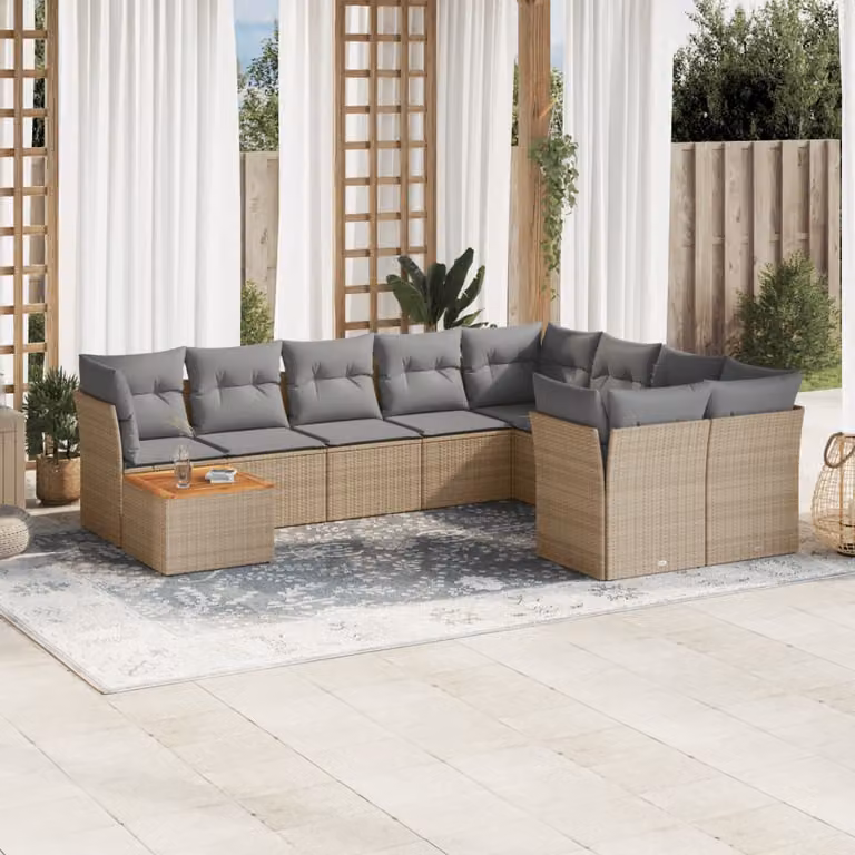 vidaXL Set Divano da Giardino 10 pz a Forma di L con Cuscini Beige e Tavolino da Caffè in Polyrattan e Acciaio