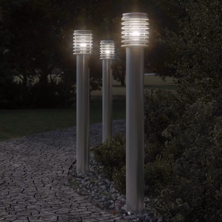 Set di 3 lampade da terra per esterni vidaXL in acciaio inox e plastica, colore argento, altezza: 110 cm