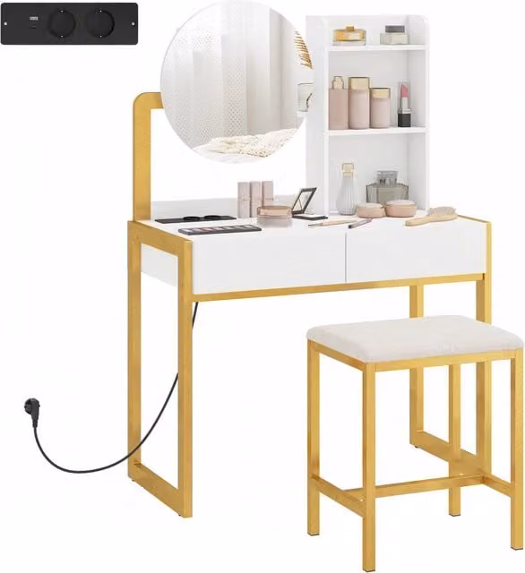 Scrivania con specchio e sgabello Xylo con 2 cassetti e 3 ripiani aperti, bianco