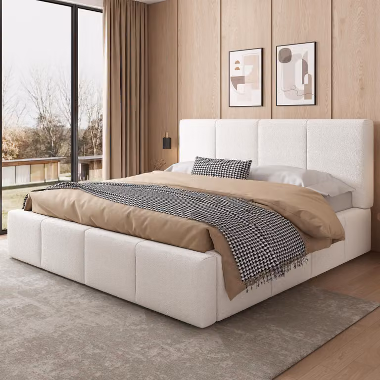 okwish Letto imbottito 180x200cm letto matrimoniale giovanile con rete a doghe, struttura letto con testata imbottita, struttura letto in bouclé, Beige (con materasso)