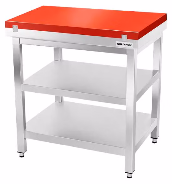 Tavolo da lavoro in acciaio inossidabile, dimensioni 800x700 mm, con piano di taglio rosso e 2 ripiani PREMIUM - GOLDINOX