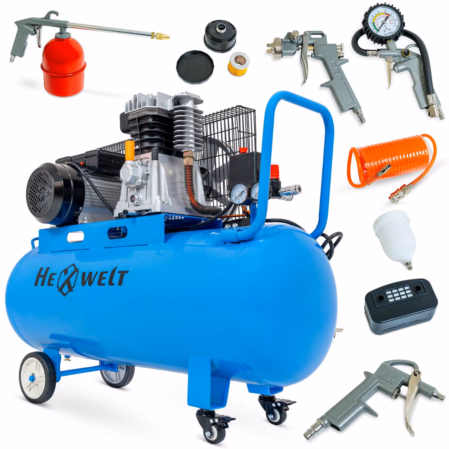 Compressore ad aria lubrificato a olio HEXWELT 100 L 2200 W 8 bar 370 l/min monocilindrico con kit di accessori