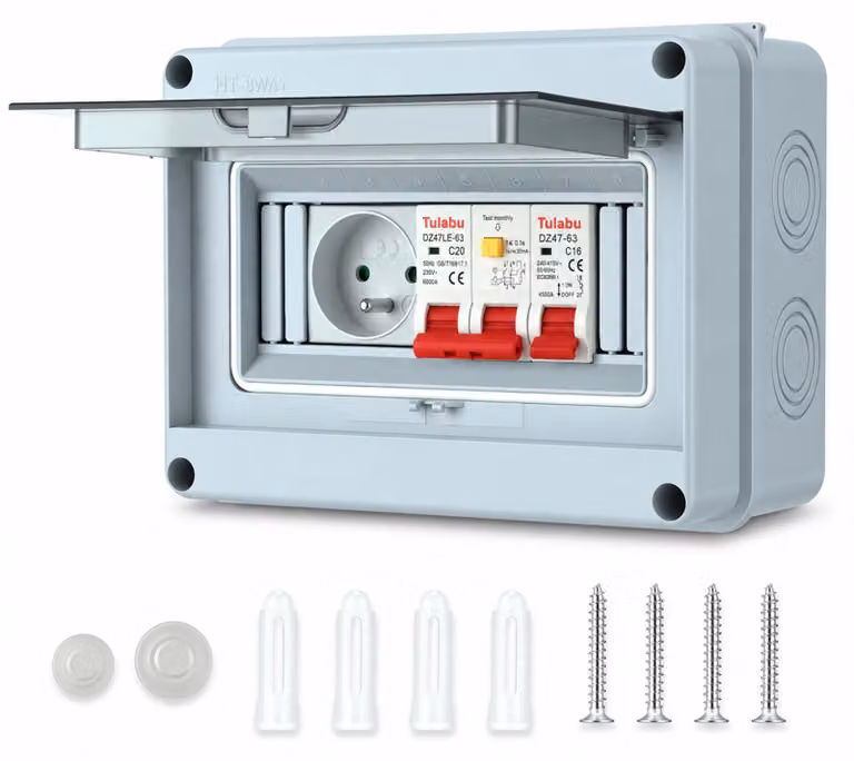 Prese Schuko con interruttore di sicurezza FI, grado di protezione IP65 (resistente all'acqua)