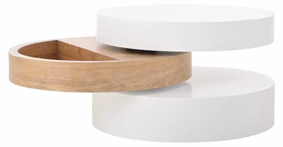 Tavolino rotondo - Tavolino ausiliario cilindrico - Rotazione a 360° - 3 ripiani - Spazio contenitivo nascosto - MDF - Bianco/Naturale
