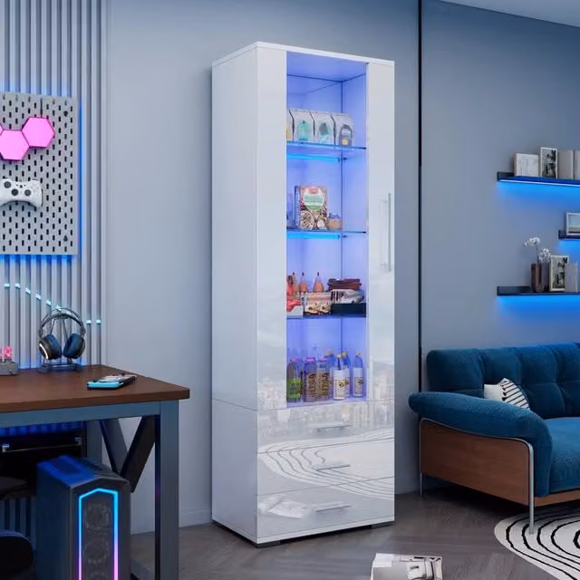 Vetrina Mivray moderna in MDF bianco lucido con ante in vetro, 3 cassetti e illuminazione LED integrata, L: 60 cm, P: 35 cm, H: 180 cm