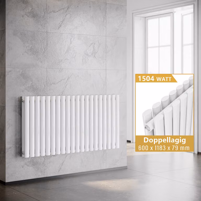 SONNI - Radiatore a tubi orizzontali, a doppio strato, colore bianco, dimensioni 600x1183 mm, senza resistenza riscaldante