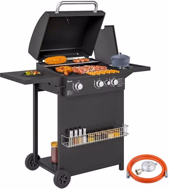 BARBECUE A GAS CON BRUCIATORI INDIPENDENTI COPERCHIO CON TERMOMETRO E TAVOLINO LATERALE NERO 98X57X123 CM