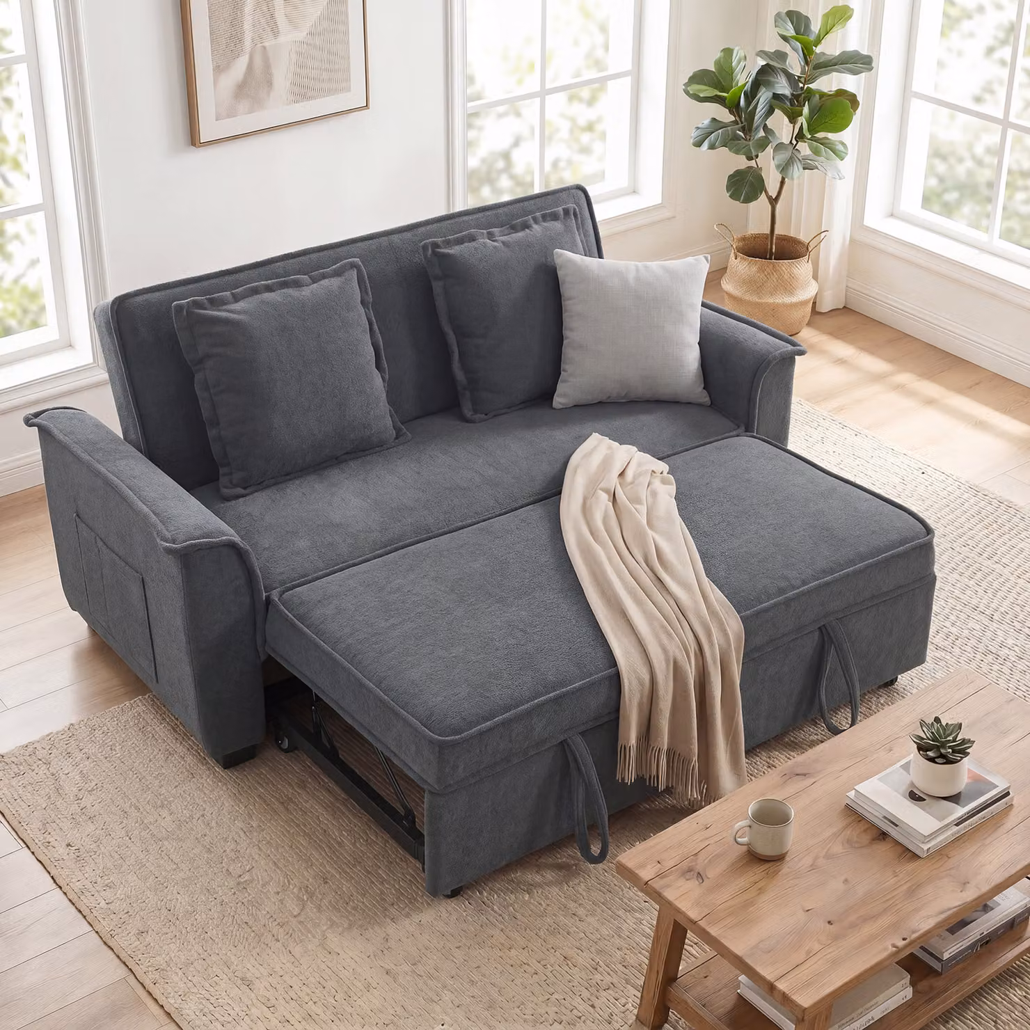 Divano Letto a 2 Posti HOMCOM con Schienale Regolabile e 2 Cuscini, Grigio, L: 168 cm, P: 85 cm, H: 86 cm – 2