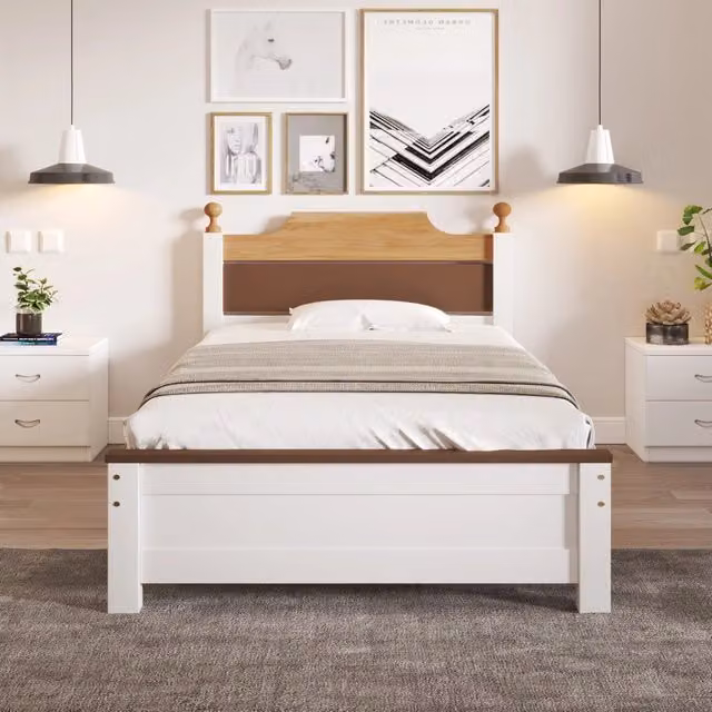 Letto singolo, letto in legno, struttura in legno di pino con supporto centrale, letto per ragazzi, letto per adulti, con testiera e pediera in MDF, c