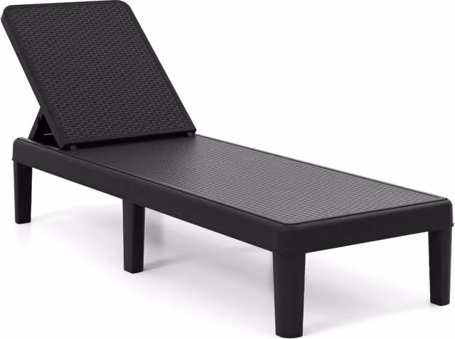 Lettino prendisole da giardino in rattan sintetico con schienale regolabile a 4 livelli, resistente alle intemperie, colore nero, portata massima 150 kg