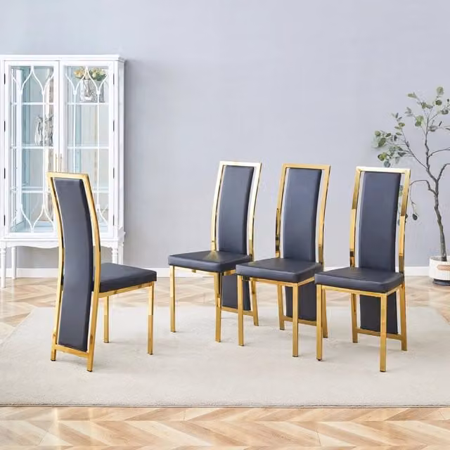 Set 4 sedie da pranzo con schienale alto 109 cm in PU nero e metallo dorato HAVRYA