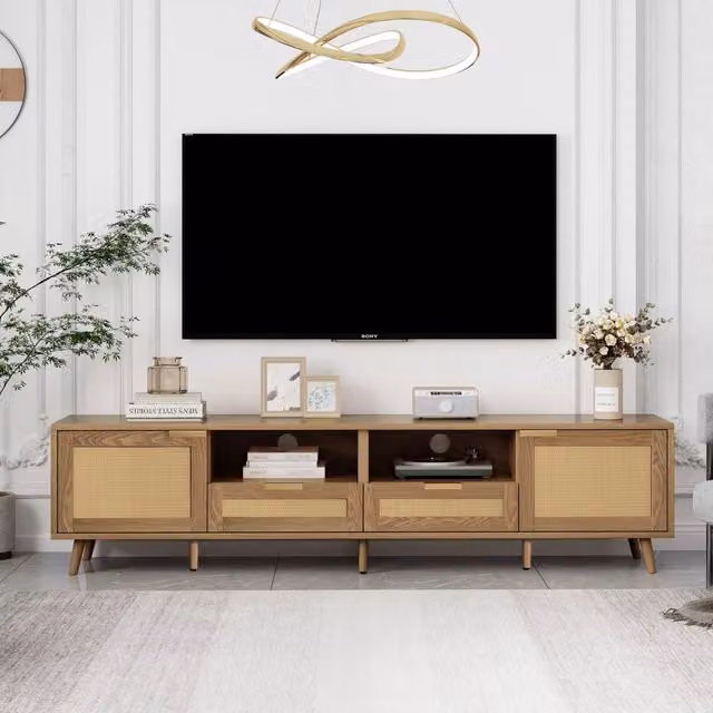 Mobile TV moderno MIVRAY in rovere marrone con dettagli in rattan sintetico, 2 ante e 2 cassetti, L/P/H: 200 x 37 x 49 cm