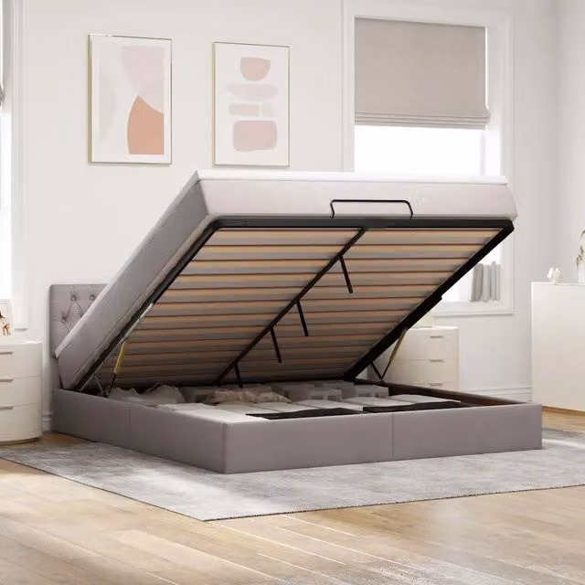 Letto con contenitore a sollevamento, illuminazione LED sottostante e porta di ricarica USB vidaXL, Grigio e Beige, L: 180 cm, P: 200 cm, H: 88 cm – 1