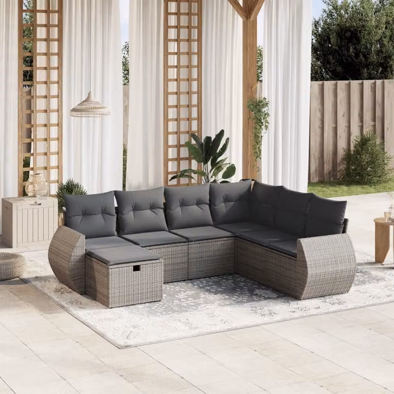 vidaXL Set Divani da Giardino a L 7 pz in Polyrattan Grigio con Cuscini e Struttura in Acciaio