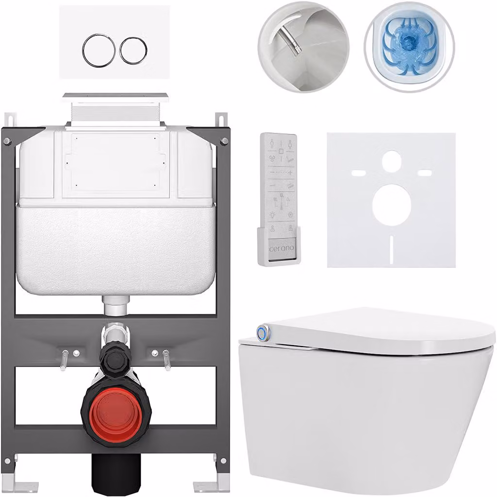 CERANO - WC sospeso con bidet Cronus Pro - bianco lucido - pulsante Prime/Dualo, bianco - comando dall'alto - installazione a parete/cartongesso - 59,3 x 38,4 cm