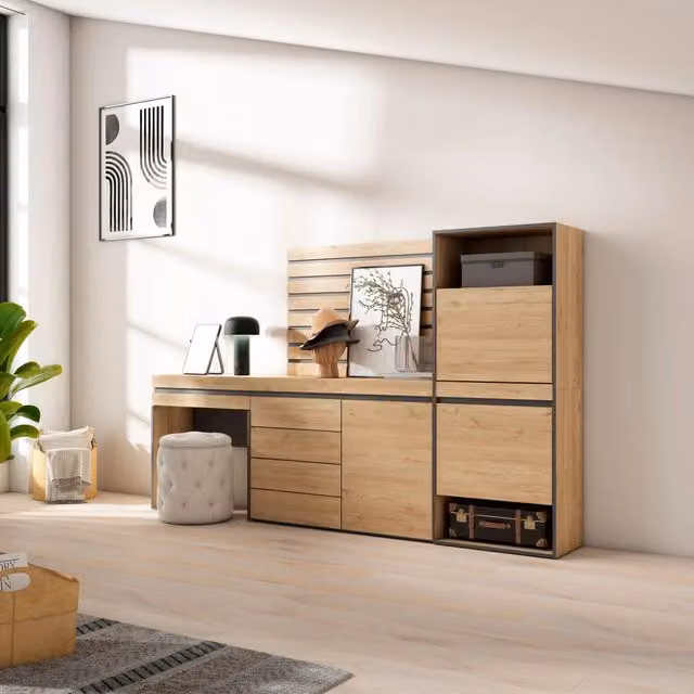 Scarpiera, 237x35x145cm, Camera da letto, Cassettiera, Pannelli Decorativi, Tavolo da toeletta, colore Rovere RF3537