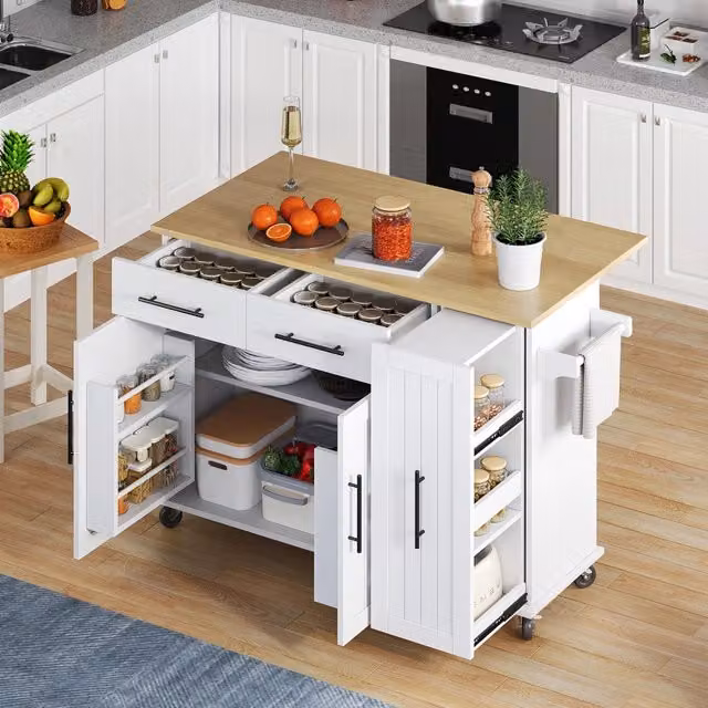 Isola cucina mobile con piano ribaltabile in MDF; 2 cassetti; 5 ruote; bianco e naturale; 120 x 40/65 x 90 cm