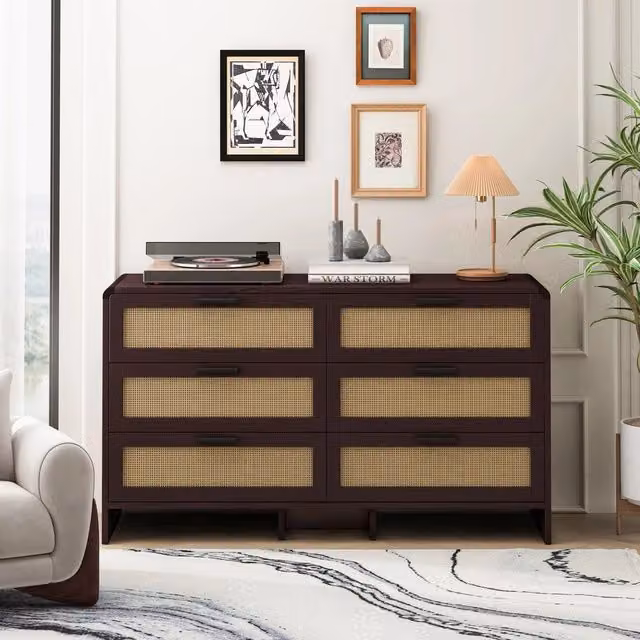 Cassettiera ad Arco Angolare in Rattan 6 Cassetti ¨C MINIMAL ¨C Marrone Rossiccio 130cm