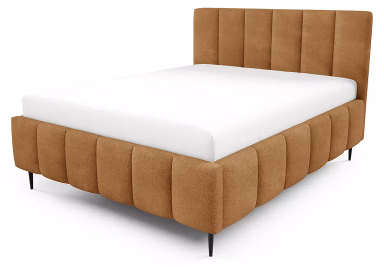Letto imbottito con contenitore, colore marrone caramello, dimensioni 140 x 200 cm