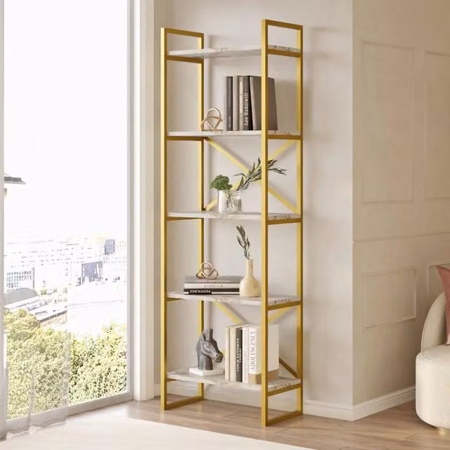 Libreria Trecenta DMORA con 5 Ripiani, Design Moderno in Metallo, Colore Bianco e Oro, L: 58 cm, P: 30 cm, H: 175 cm – 1