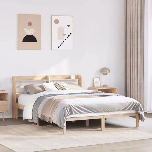 Letto in legno massello di pino vidaXL senza materasso con ripiani laterali stile rustico L/P/H: 200 x 150 x 82 cm
