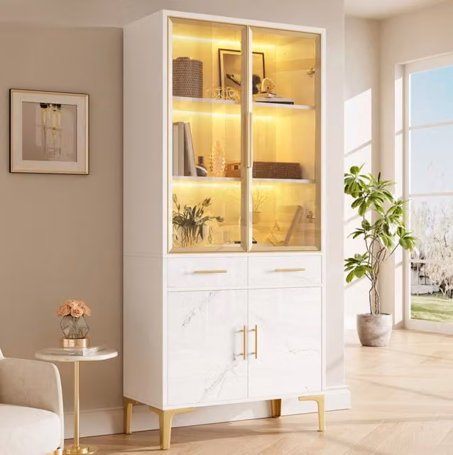 Vetrina alta con LED controllabile via app; 2 cassetti; MDF e truciolare; bianco