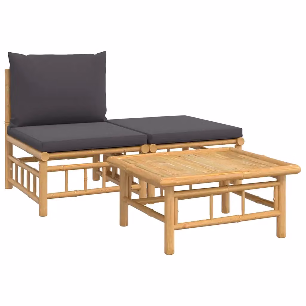 Set Salotto da Giardino vidaXL in Bambu con Divano a 3 Posti, Pouf e Tavolino con Cuscini Grigio Scuro – 2