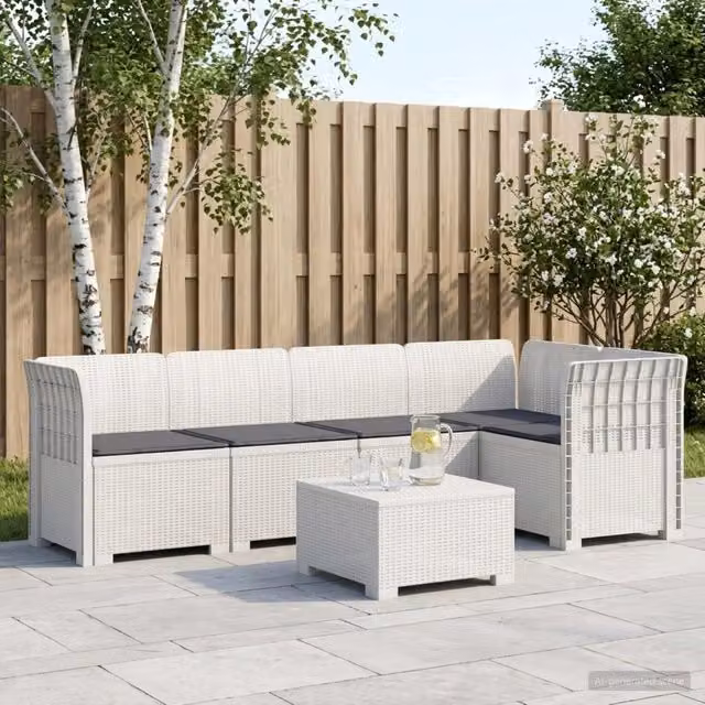 Divano da Giardino 5 Posti con Cuscini Stile Rattan PP Bianco 3444045