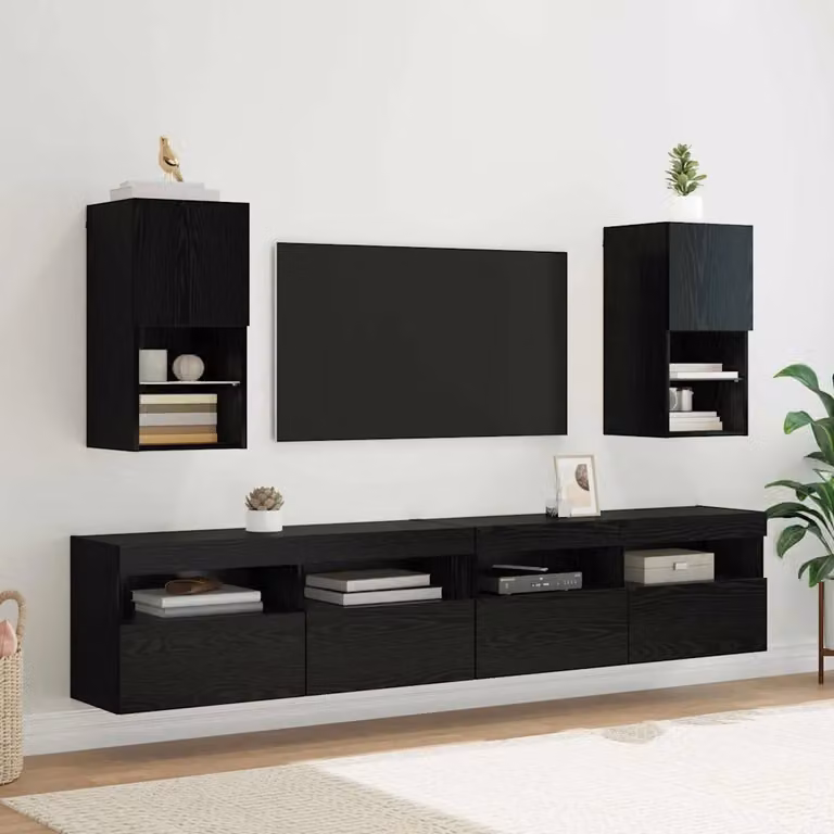 Set di 2 mobiletti TV da parete vidaXL moderni in legno ingegnerizzato nero opaco con illuminazione integrata