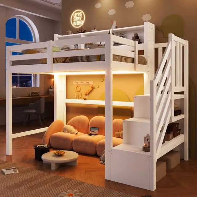 Letto a castello 90x200 cm con luci LED, grande contenitore sotto il letto, scala con ripiani, vano portaoggetti aperto, senza materasso, Bianco