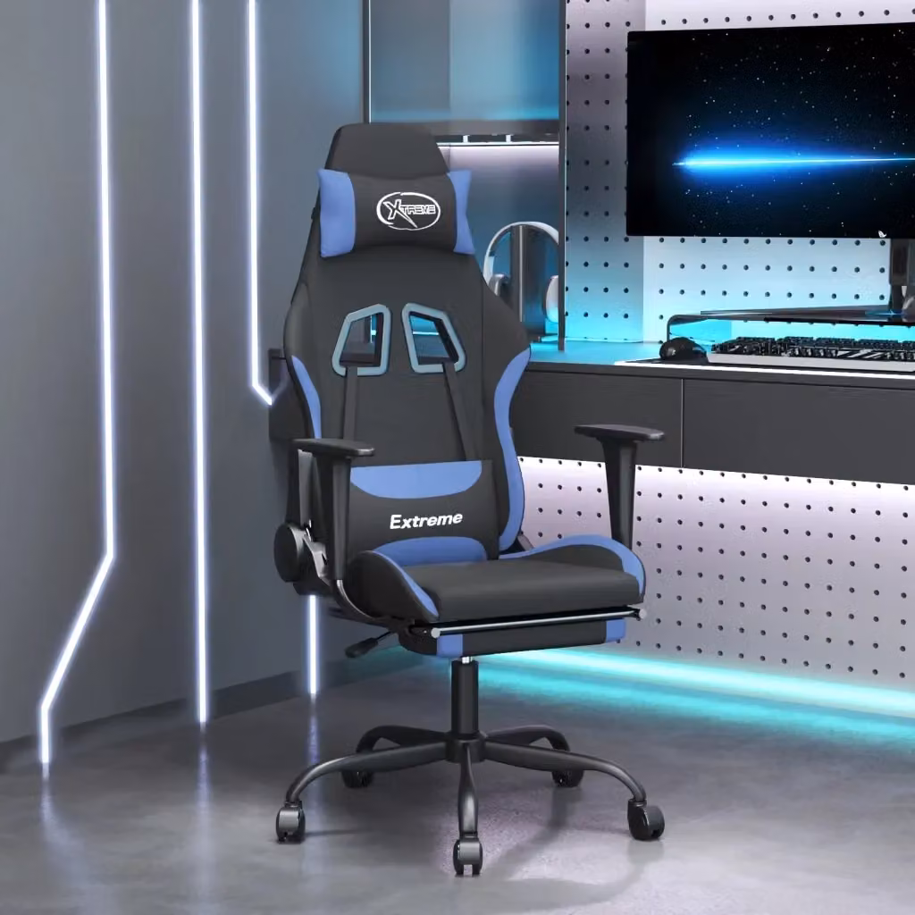 Sedia da Gaming Sportiva in Tessuto con Poggiatesta e Ruote, Nero e Blu – 2