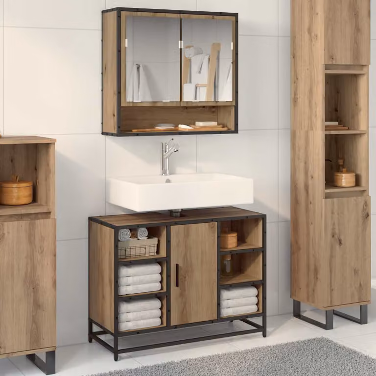 Mobile da bagno vidaXL in rovere marrone con ante a cerniera e ripiani interni L: 80 cm, P: 33 cm, H: 60 cm
