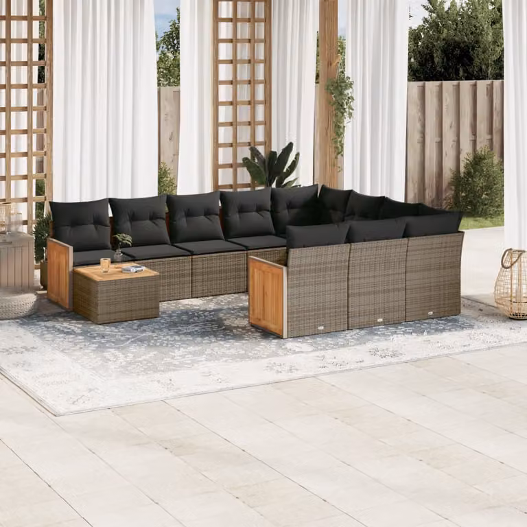 Set di divani da giardino vidaXL 11 pz in polyrattan grigio con cuscini e tavolino da esterno a forma di L