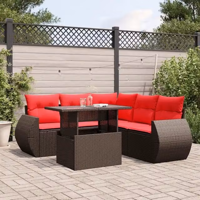 Set da giardino moderno vidaXL composto da 6 pezzi con divani a L, elementi angolari, divani a 2 posti e tavolino da caffè, in polyrattan marrone con cuscini inclusi e coperture rimovibili – 1