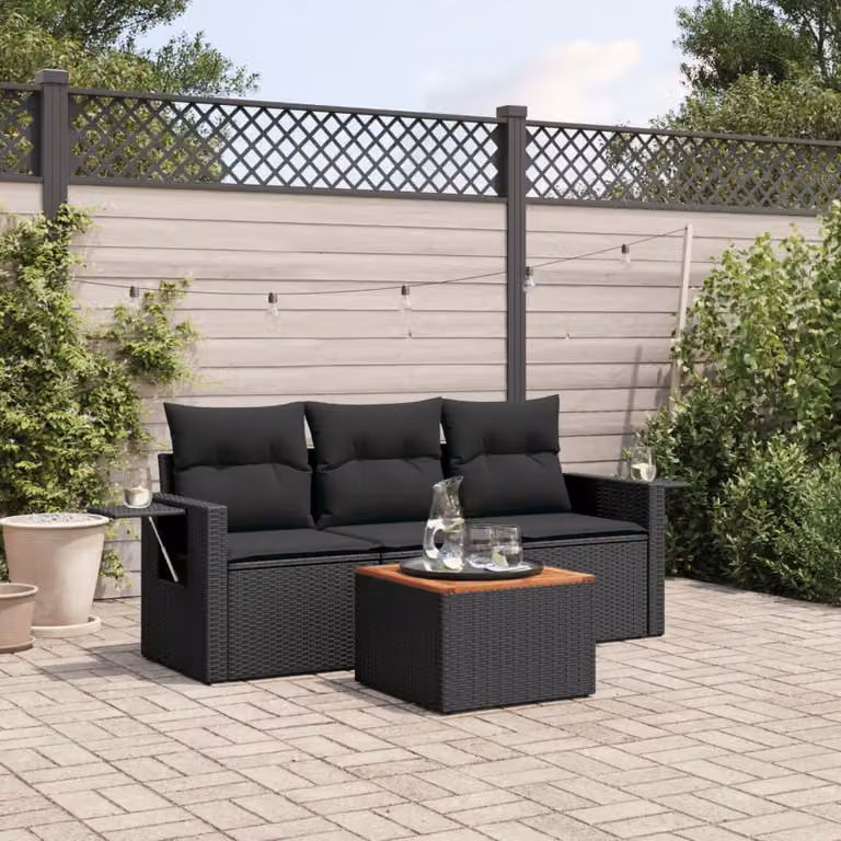 Set di divani da giardino vidaXL in 4 pezzi con cuscini neri in polyrattan e struttura in metallo