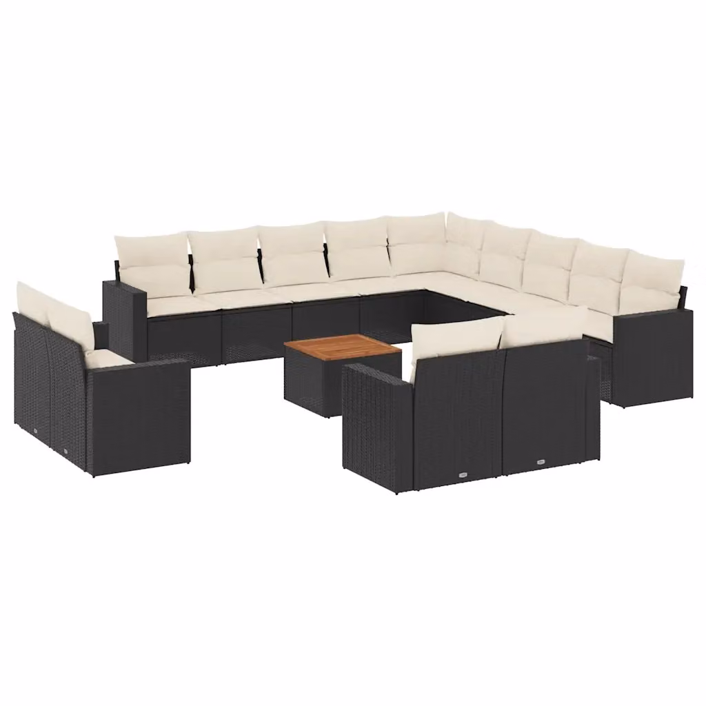 Set di divani da giardino vidaXL a forma di U composto da 14 pezzi con cuscini in polyrattan nero e tavolo da caffè in legno di acacia – 2
