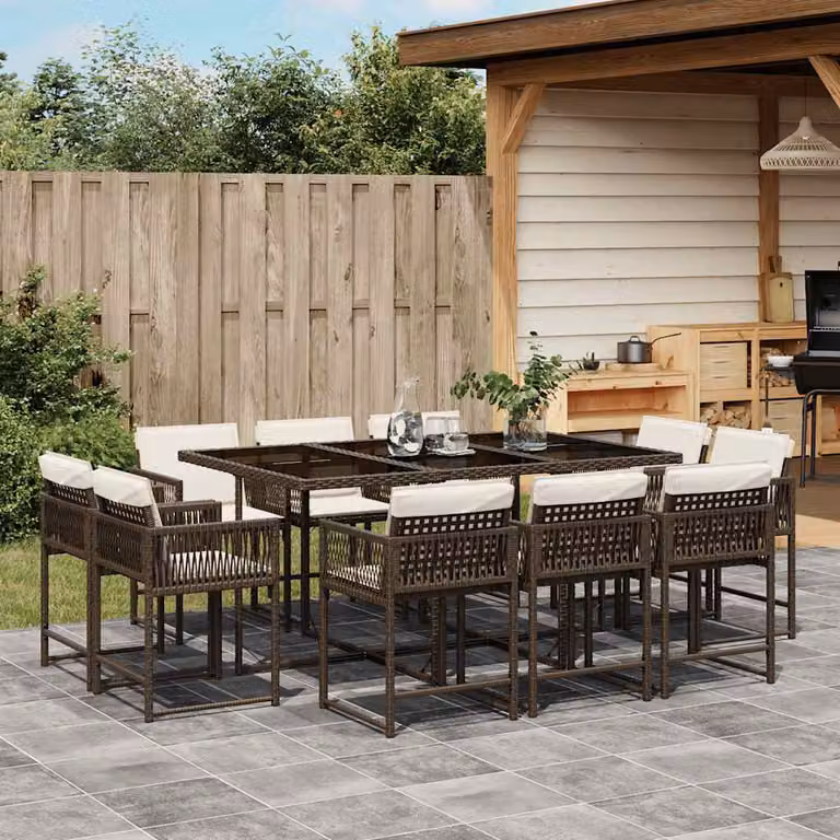 Set da Pranzo da Giardino vidaXL 11 pz in Polyrattan Marrone con Piano in Vetro