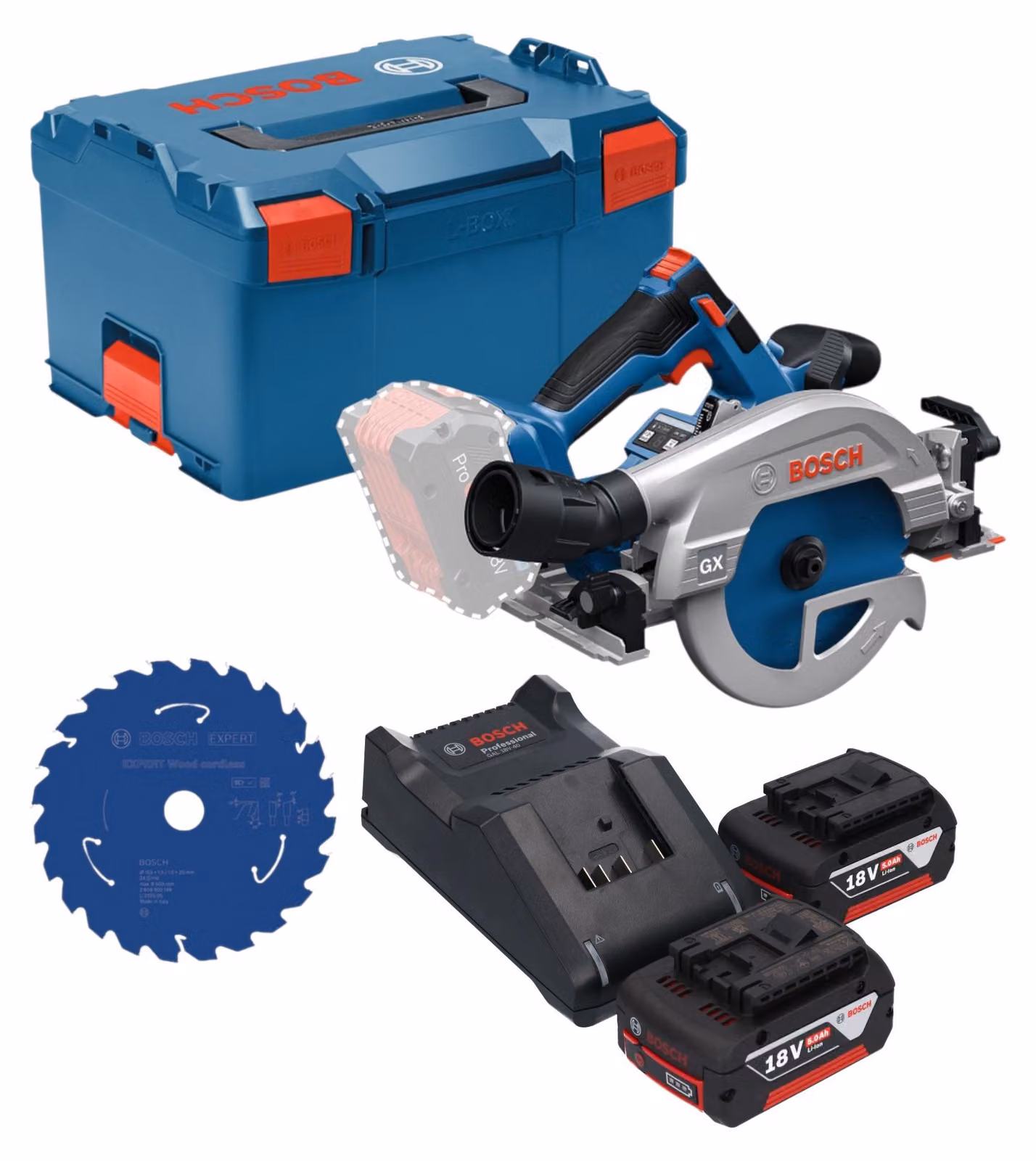 Sega circolare a batteria Bosch GKS 18V-57-2 GX Professional 18 V 165 mm Brushless + 2 batterie da 5,0 Ah + caricabatterie + L-Boxx