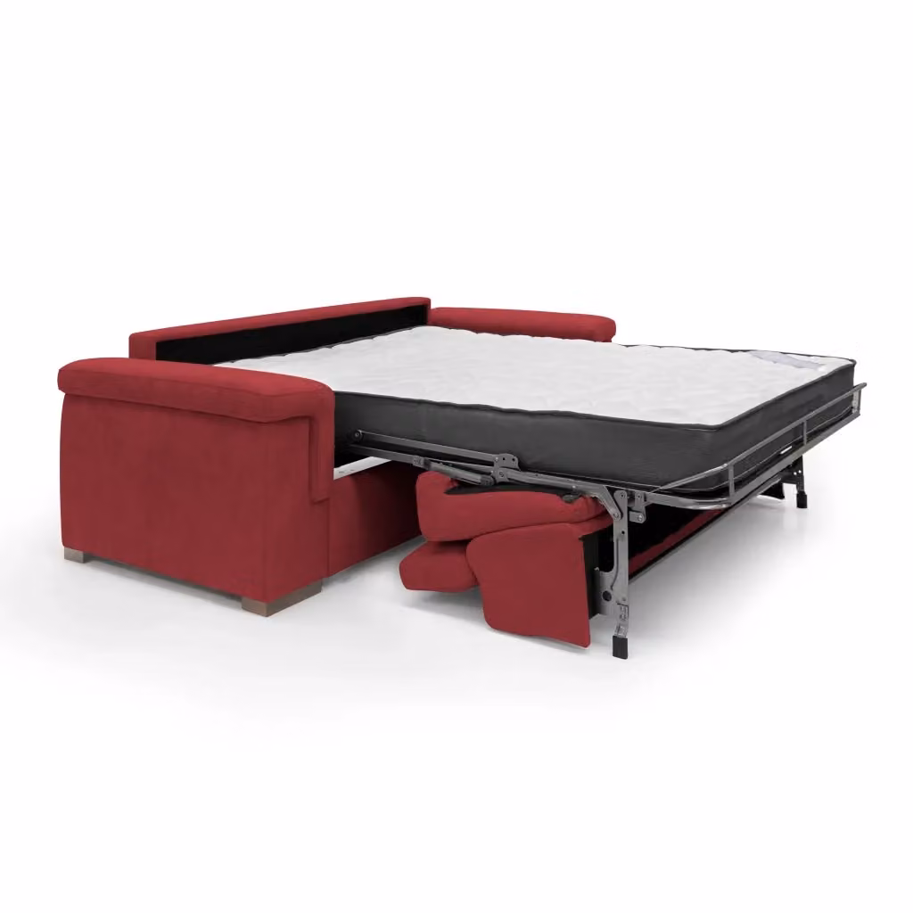 Divano letto Giunone Divani.Store in tessuto rosso con struttura imbottita e sistema a contenitore, L: 220 cm, L/P/H del materasso: 140 x 190 x 18 cm – 2