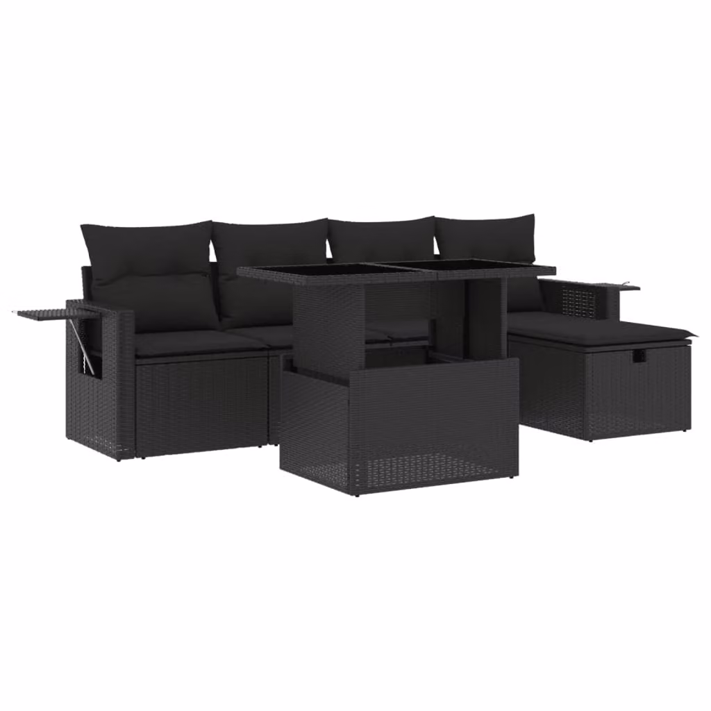 Set Divano da Giardino 6 pz con Cuscini Nero in Polyrattan