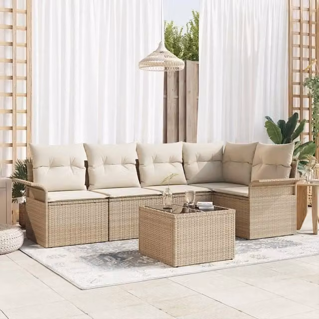Set Divano da Giardino vidaXL 6 pz Beige con Cuscini e Tavolino in Polyrattan e Metallo