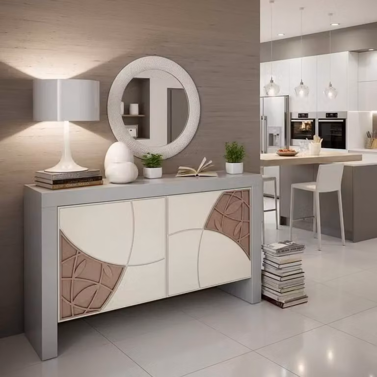 Madia bicolore Mobili 2G in legno massello con decoro a rilievo geometrico L: 142 cm, P: 45 cm, H: 89 cm