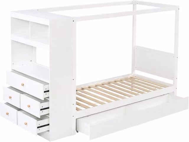 Letto singolo per bambini con sponde di protezione e armadio con 5 cassetti, struttura in legno di pino e truciolato, bianco e naturale, 90x200 cm