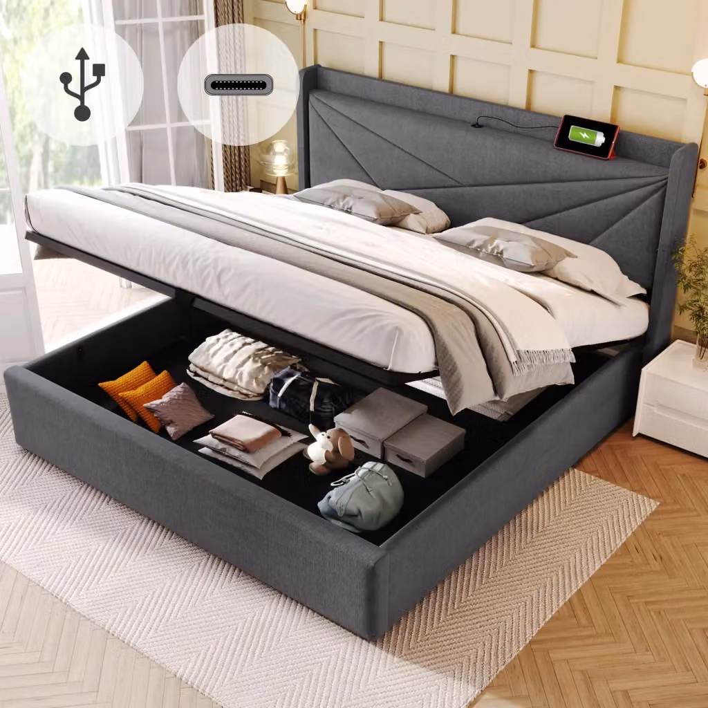 Letto con contenitore Mivray con testiera imbottita geometrica e porte USB e Type-C, colore grigio, L/P/H: 160 x 200 x 107 cm – 2
