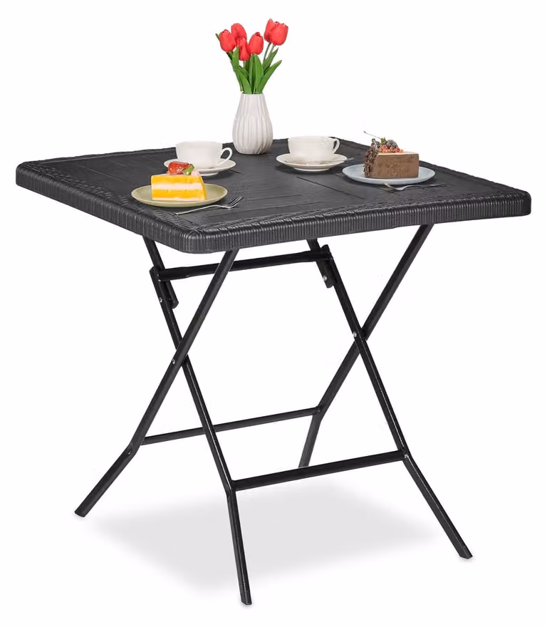 Tavolo da giardino pieghevole - Effetto legno - 78 x 78 cm - 4 persone - Nero - Per balcone e terrazza