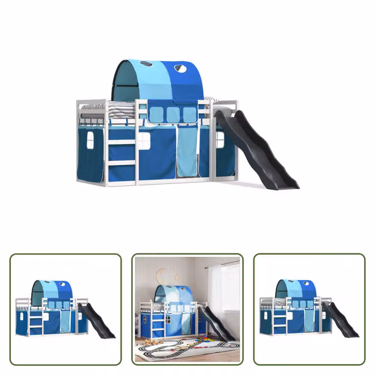 The Living Store Letto a castello con scivolo e tende blu 90x200 cm