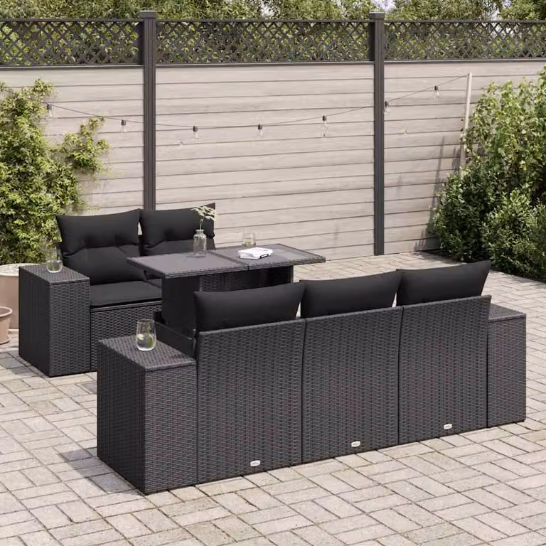 Set Divano da Giardino vidaXL 6 pz in Polyrattan Nero con Cuscini e Tavolino da Esterno a Forma di L