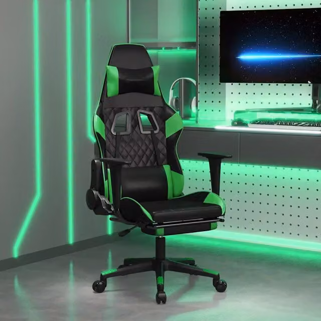 Sedia da Gaming vidaXL con Massaggio e Poggiapiedi, Colore Nero e Verde, in Similpelle – 1