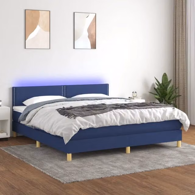 Letto a molle con materasso vidaXL in tessuto blu e bianco con illuminazione LED sottostante e porta USB L/P: 180 x 200 cm