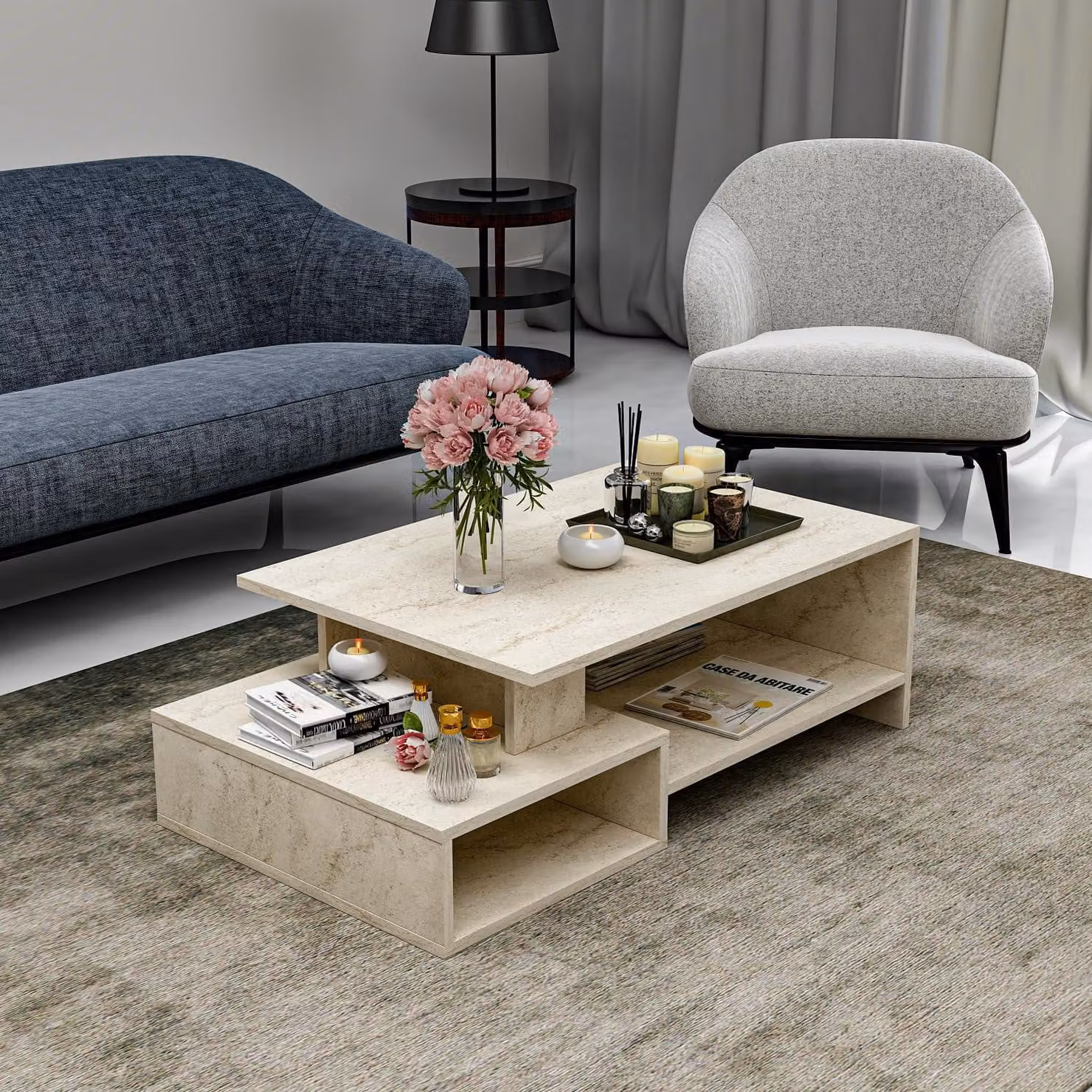 HOMIDEA DUX Tavolino da salotto Tavolino da divano con ripiano Design moderno (travertino)
